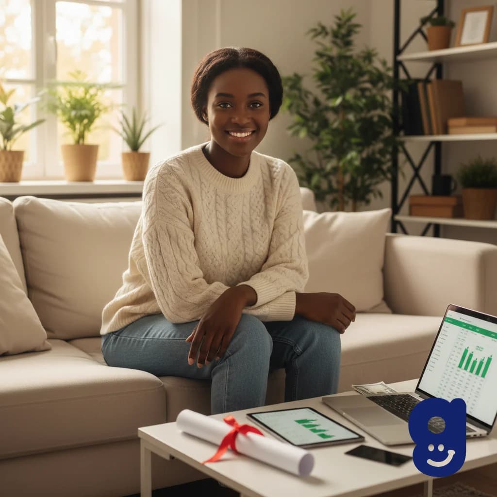 A graduate relaxing on a sofa, feeling calm and in control of their money