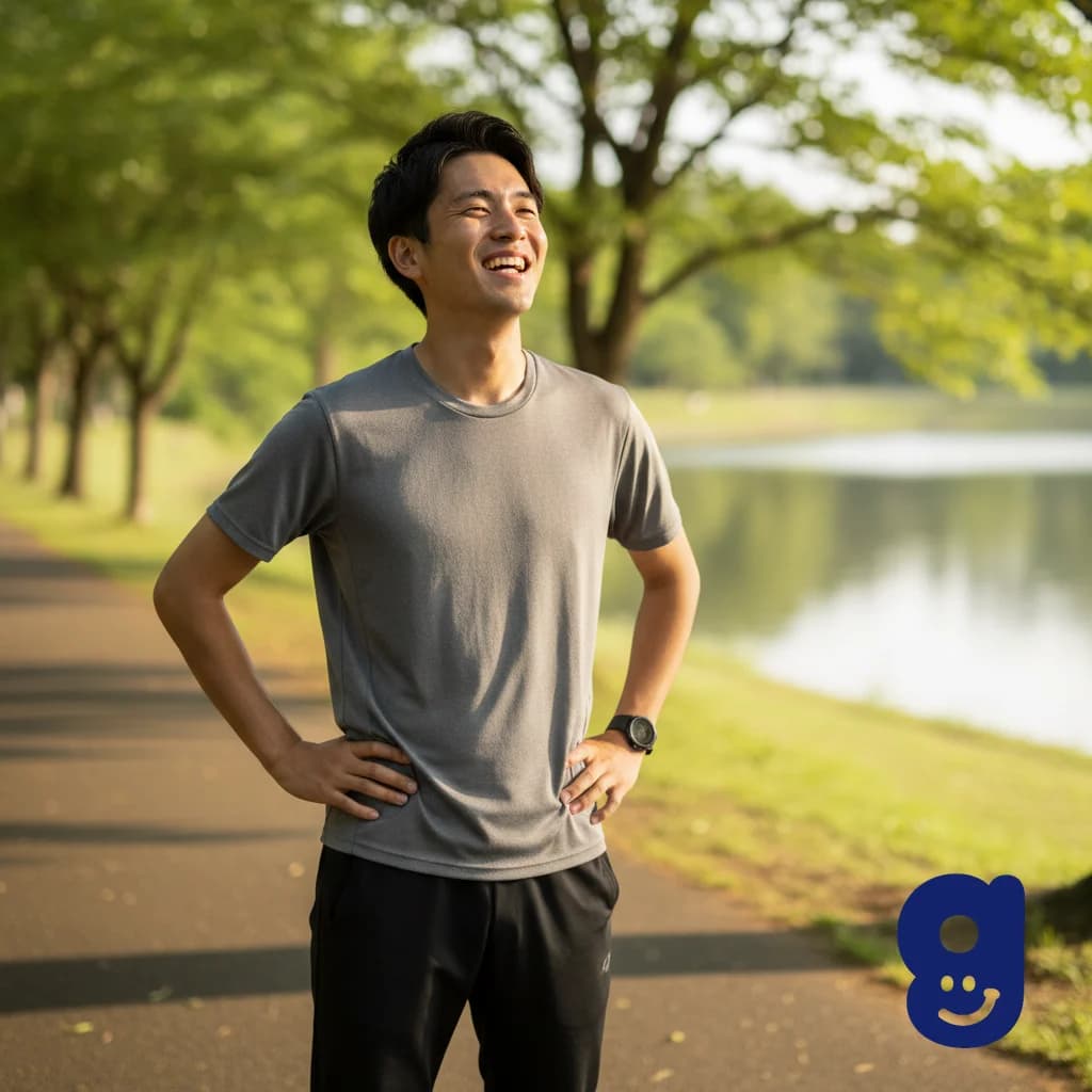 A graduate looking happy and relaxed after a run, enjoying a calm moment